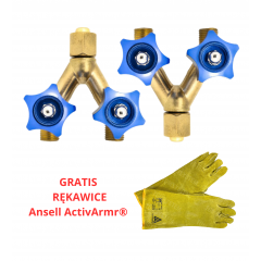 ZESTAW - ROZDZIELACZ GAZU ROZGAŁĘŹNIK TRÓJNIK 1/4" Z ZAWOREM TLENOWYM (2 SZTUKI) + GRATIS RĘKAWICE ROBOCZE (1 PARA)