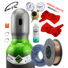 ZESTAW DO SPAWANIA MIG/MAG MIGOMAT - MIX BUTLA PEŁNA 8L 150 BAR (ARGON + CO2) + DRUT SG2 FI 0,8 SZPULA 5KG + AKCESORIA (REDUKTOR, OPASKI ZACISKOWE, WĄŻ, RĘKAWICE, OKULARY, STOPERY DO USZU, PREPARAT ANTYODPRYSKOWY, GRATIS KREDA SPAWALNICZA)