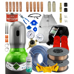 ZESTAW DO SPAWANIA MIGOMAT MIG/MAG - MIX BUTLA GAZOWA 8L 150 BAR (ARGON 82% + CO2 18% - PEŁNA) + DRUT SPAWALNICZY SG2 FI 0,8 / FI 1,0 + AKCESORIA SPAWALNICZE DO UCHWYTU SPAWALNICZEGO TYPU MB 13/15 + AKCESORIA POMOCNICZE + AKCESORIA OCHRONNE BHP
