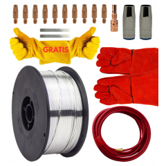 ZESTAW DO SPAWANIA ALUMINIUM MIG/MAG DO UCHWYTU MB 25 – DRUT SPAWALNICZY ALMG5 FI 1,2 SZPULA 0,5KG + DYSZE GAZOWE + KOŃCÓWKI PRĄDOWE + ŁĄCZNIK PRĄDOWY + WKŁAD TEFLONOWY + AKCESORIA POMOCNICZE