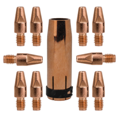 ZESTAW MIG/MAG DO MIGOMATU – DYSZA GAZOWA ŁUSKA STOŻKOWA MB 401/501 (1 SZTUKA) + KOŃCÓWKI PRĄDOWE MB 401/501 FI 1,6 (10 SZTUK)