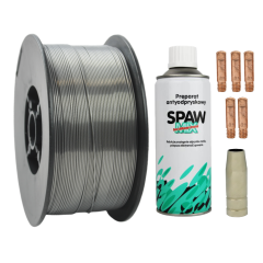 ZESTAW DO SPAWANIA MIG/MAG DO MIGOMATU – DRUT SPAWALNICZY SAMOOSŁONOWY FI 0,8 SZPULA 0,9 KG + AKCESORIA DO UCHWYTU MB 15 (DYSZA GAZOWA, KOŃCÓWKI PRĄDOWE) + PREPARAT ANTYODPRYSKOWY