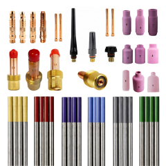 ZESTAW SPAWANIE TIG SR-17/18/26, FI 1,6/2,0/2,4/3,2 (ELEKTRODY WOLFRAMOWE, SOCZEWKI GAZOWE, TULEJKI ZACISKOWE, ŁĄCZNIKI PRĄDOWE, DYSZE GAZOWE, KORKI)