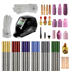 ZESTAW SPAWANIE TIG SR-17/18/26, FI 1,6/2,0/2,4/3,2 (ELEKTRODY WOLFRAMOWE, SOCZEWKI GAZOWE, TULEJKI ZACISKOWE, ŁĄCZNIKI PRĄDOWE, DYSZE GAZOWE, KORKI, PRZYŁBICA SPAWALNICZA AUTOMATYCZNA, RĘKAWICE SPAWALNICZE)