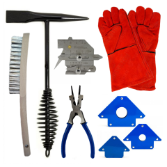 ZESTAW AKCESORIÓW POMOCNICZYCH DLA SPAWACZA (MŁOTEK SPRĘŻYNOWY, SZCZOTKA DRUCIANA, SZCZYPCE, KĄTOWNIKI MAGNETYCZNE, SPOINOMIERZ, RĘKAWICE)