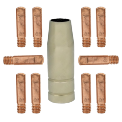 ZESTAW MIG/MAG DO MIGOMATU – DYSZA GAZOWA ŁUSKA STOŻKOWA MB 13/15 (1 SZTUKA) + KOŃCÓWKI PRĄDOWE MB 13/15 FI 0,8 (10 SZTUK)