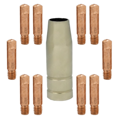 ZESTAW MIG/MAG DO MIGOMATU – DYSZA GAZOWA ŁUSKA STOŻKOWA MB 13/15 (1 SZTUKA) + KOŃCÓWKI PRĄDOWE MB 13/15 FI 1,0 (10 SZTUK)