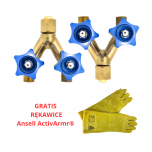 ZESTAW - ROZDZIELACZ GAZU ROZGAŁĘŹNIK TRÓJNIK 1/4" Z ZAWOREM TLENOWYM (2 SZTUKI) + GRATIS RĘKAWICE ROBOCZE (1 PARA)