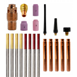 ZESTAW AKCESORIÓW DO SPAWANIA TIG DO UCHWYTU SR-9/20 FI 2,4 (ELEKTRODY WOLFRAMOWE, TULEJKI ZACISKOWE, ŁĄCZNIK PRĄDOWY, KORKI, SOCZEWKA GAZOWA, DYSZE GAZOWE)