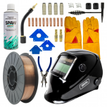 ZESTAW STARTOWY MIG/MAG MIGOMAT MB 15 (FI 0,8) – AKCESORIA/MATERIAŁY (DRUT SG2 FI 0,8 SZPULA 5KG, PALNIK, DYSZE GAZOWE, KOŃCÓWKI PRĄDOWE, ŁĄCZNIKI, TULEJKI, SPRĘŻYNY, PRZYŁBICA, RĘKAWICE, PREPARAT ANTYODPRYSKOWY, MŁOTEK SPAWALNICZY, KLESZCZE, KĄTOWNIKI)