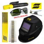 ZESTAW SPAWACZA MMA – AKCESORIA/MATERIAŁY SPAWALNICZE ESAB (UCHWYT ELEKTRODOWY, ELEKTRODY OTULONE, ZACISK MASOWY KLESZCZOWY, PODKŁADKA CERAMICZNA, PRZYŁBICA SPAWALNICZA AUTOMATYCZNA, GRATIS OKULARY OCHRONNE)