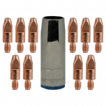 ZESTAW MIG/MAG DO MIGOMATU – DYSZA GAZOWA ŁUSKA STOŻKOWA MB 25 (1 SZTUKA) + KOŃCÓWKI PRĄDOWE MB 25 / FI 1,2 (10 SZTUK)