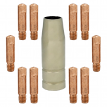 ZESTAW MIG/MAG DO MIGOMATU – DYSZA GAZOWA ŁUSKA STOŻKOWA MB 13/15 (1 SZTUKA) + KOŃCÓWKI PRĄDOWE MB 13/15 FI 1,0 (10 SZTUK)